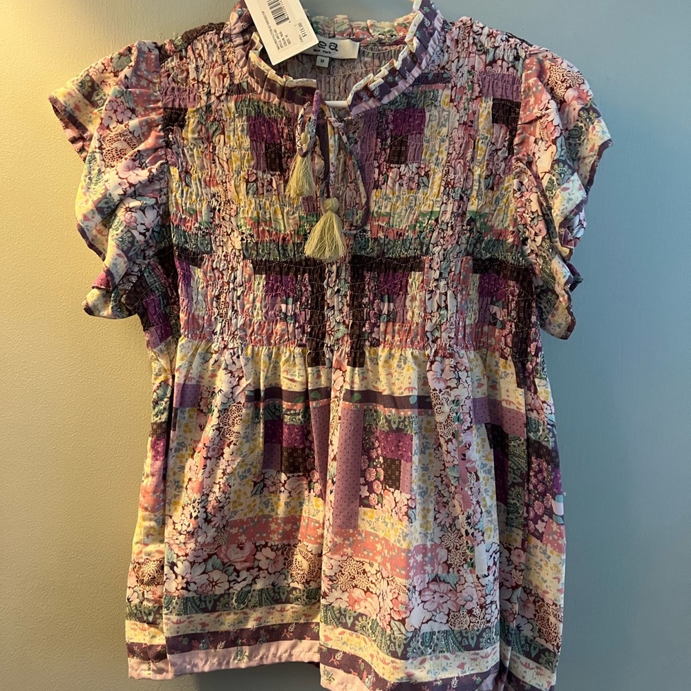 SEA Naya Print Flutter Sleeve Smocked Top